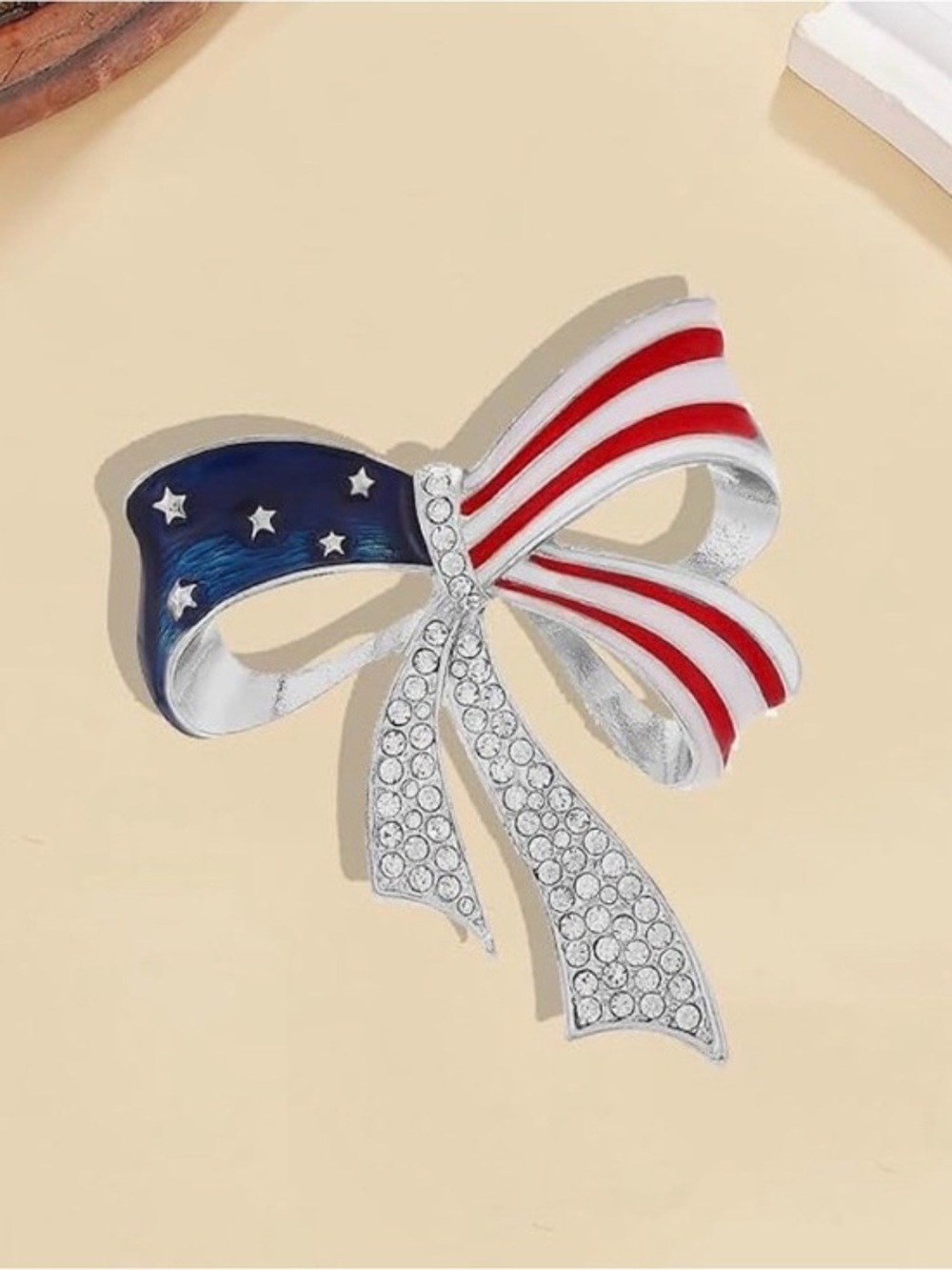 Patriotic Bow Pin Brooch with Rhinestones